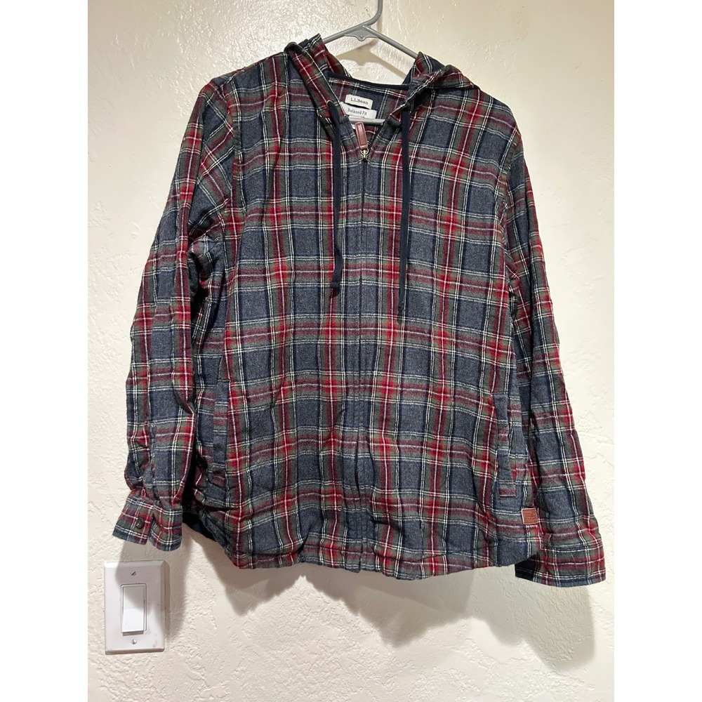 LL Bean womensLarge Relaxed Fit Flannel Full‎ Zip Hoodie Plaid Grey Red 502092